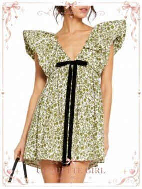 Womens Floral Bow Mini Dress V Neck Puff Sleeve A-Line Casual Summer